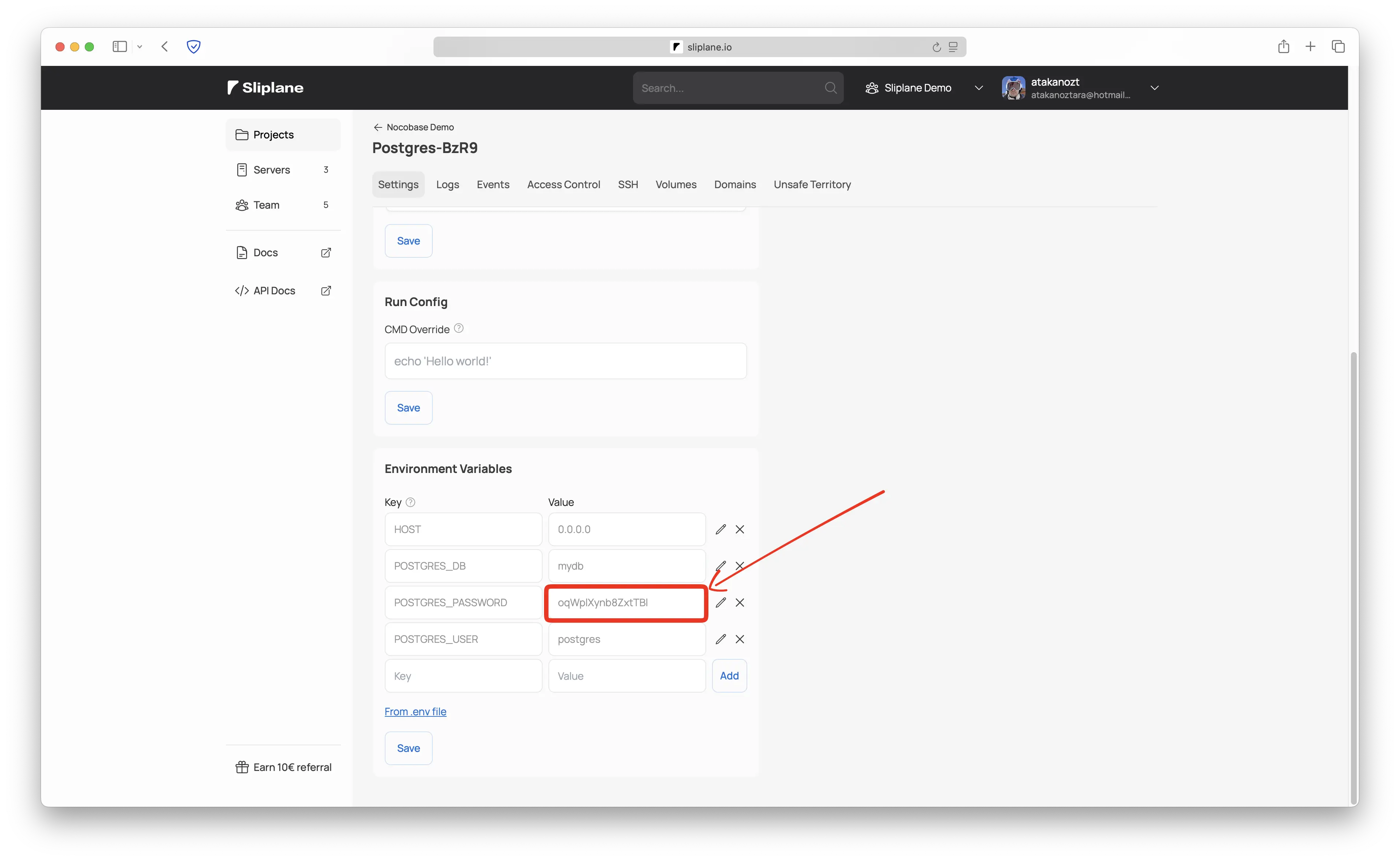 Find the PostgreSQL password in the environment variables